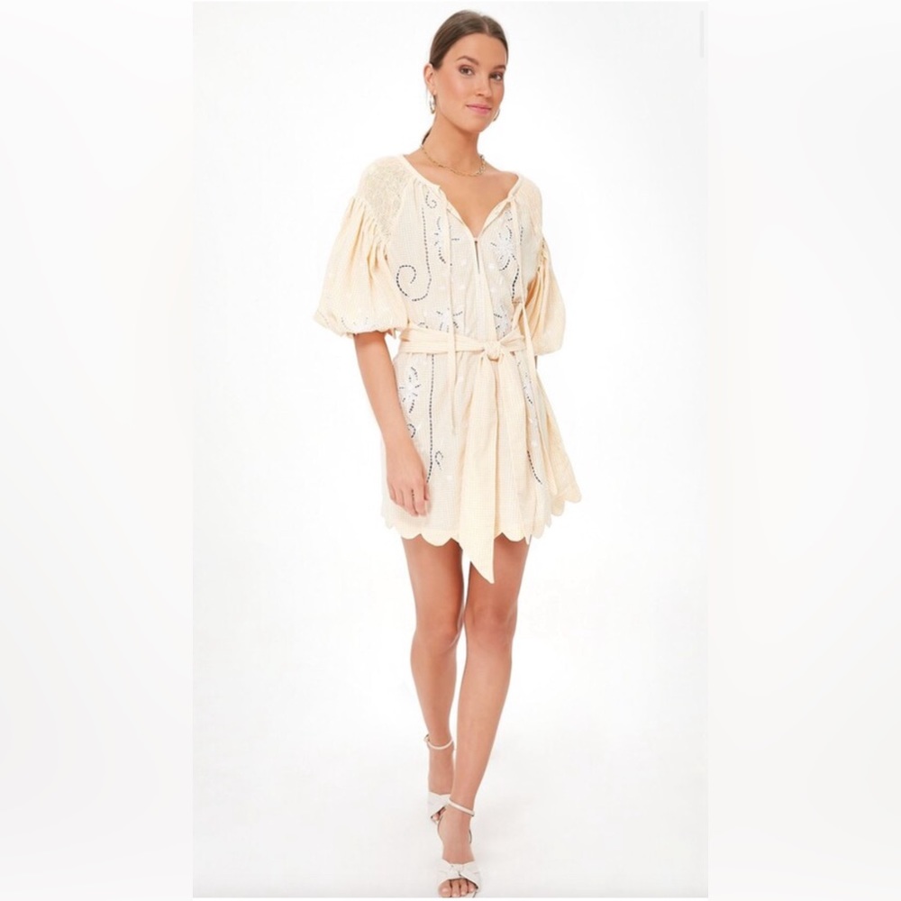 NWT! Innika Choo Yellow Gingham Cutwork Mini Smock dress - Picture 3 of 12